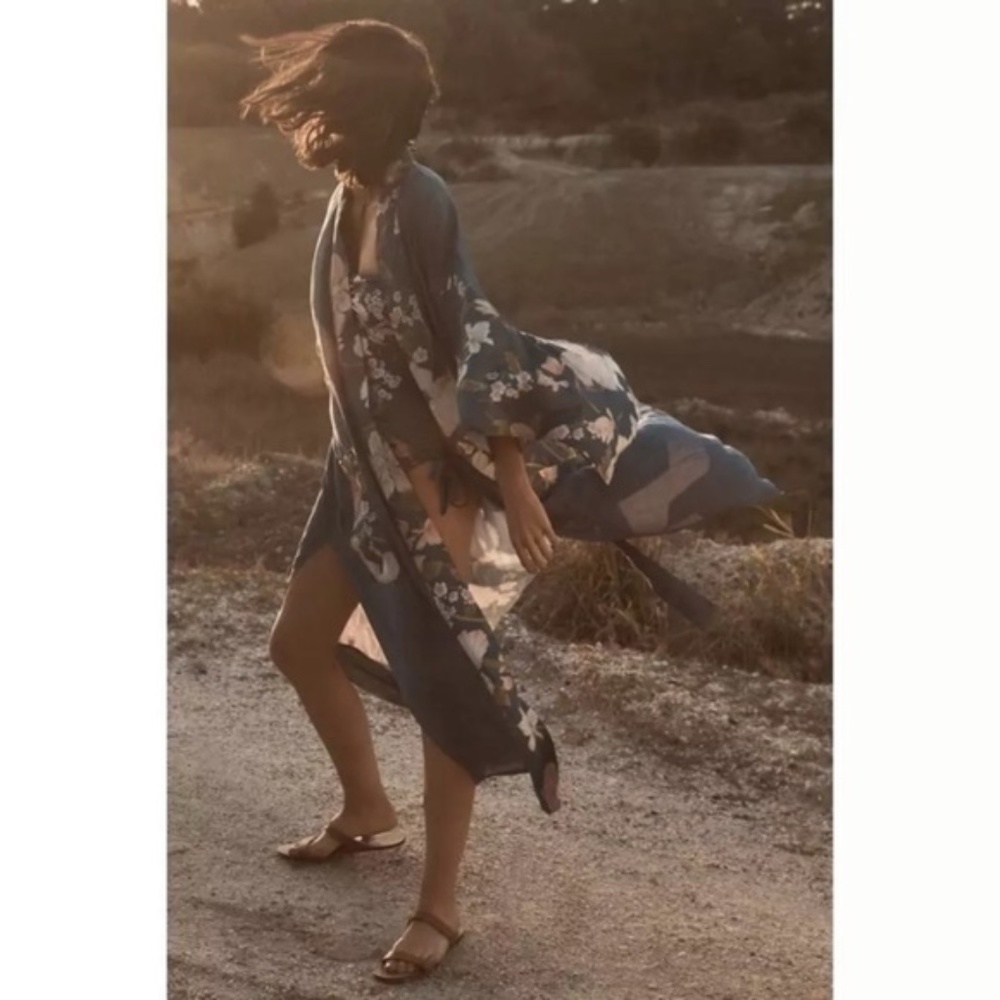 SOLD OUT Blue Floral Bohemian Peacock Kimono Duster Robe - Picture 6 of 8
